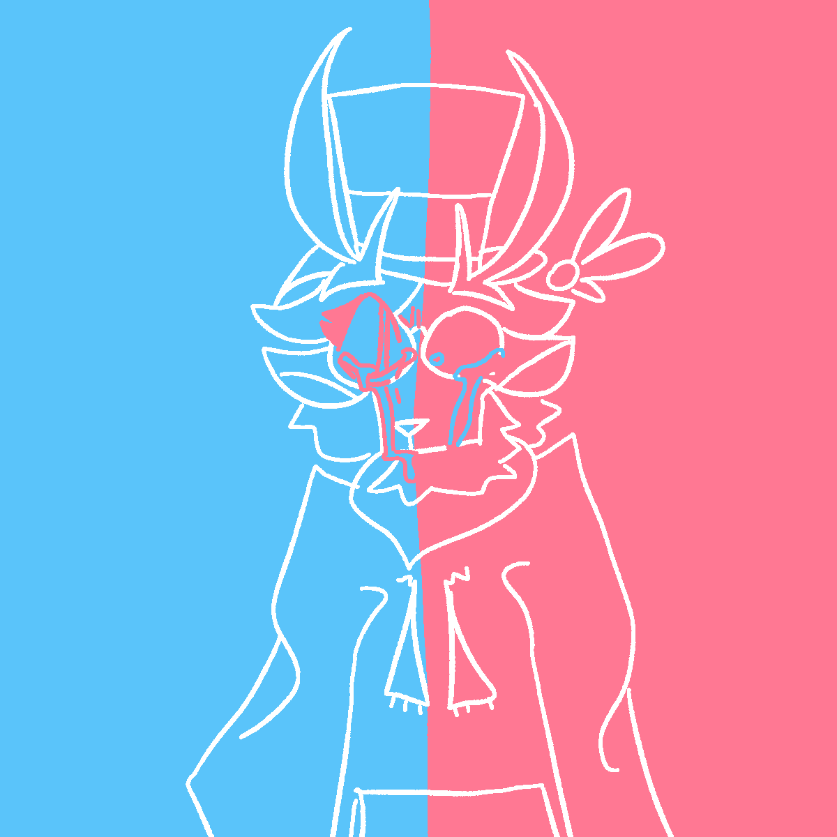 a drawing of my sona named horizon. the drawing is split into halves by colour. the left is baby blue, and the right is a light pink. horizon is crying angrily. the eye on the left side is drawn in pink. there is no eye drawn on the right side.