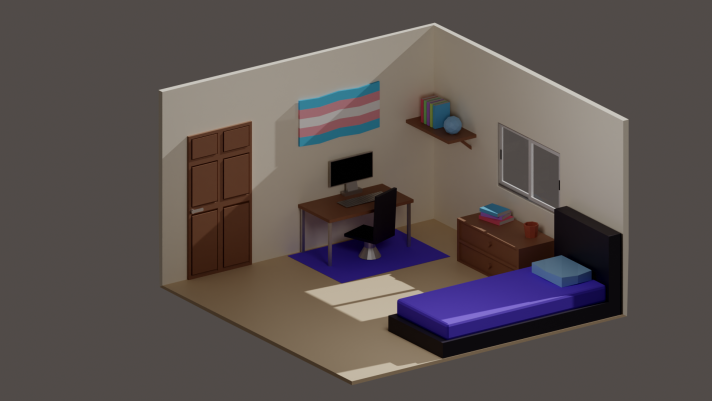a simple isometric room rendered in blender. there's a desk with a desktop on it and a chair tucked into the desk, a bed with a nightstand, a shelf, and a carpet. the trans flag is hung on the wall above the desk. a window is on the right face of the room, and a door on its left face. light streams in from the window.