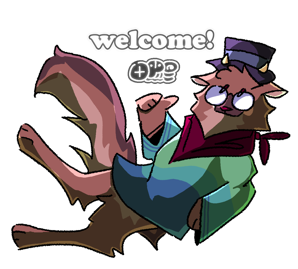 ID: the text "welcome!", and my signature, both glowing bright white. illuminated by the light, a drawing of my sona named "Horizon" giving you a thumbs up. Horizon is a bipedal, anthropomorphic creature. it is reddish-brown and has a bushy tail. it dons a top hat and a pair of purple-lensed glasses. it wears a neckerchief and a loose-fitting shirt. the shirt goes from light green to dark blue in three solid stripes. it is lit from behind as well. end ID.